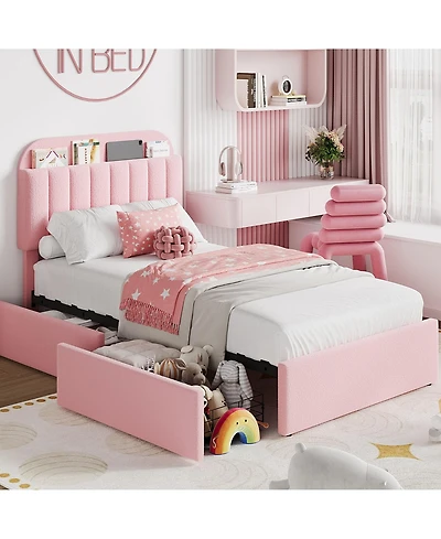homfan Twin Bed Frame with 2 Drawers, Boucle Upholstered Bookcase Headboard, Kids Bed, Easy Assembly, No Box Spring