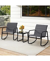 Gymax 3PCS Outdoor Rocking Bistro Set w/Tempered Glass Table Soft Cushions for Garden