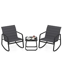 Gymax 3PCS Outdoor Rocking Bistro Set w/Tempered Glass Table Soft Cushions for Garden