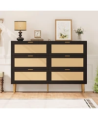 Homfan 6 Drawer Dresser, Rattan Chest, Farmhouse Wooden Dresser with Metal Legs, Large Unit for Bedroom, Living Room, Nursery