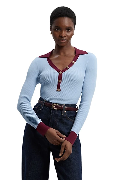 Karen Millen Women's Rib Knit Contrast Hem Collared Top
