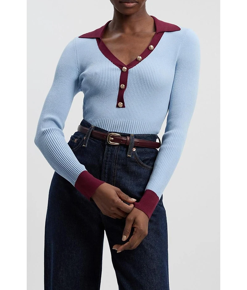 Karen Millen Women's Rib Knit Contrast Hem Collared Top