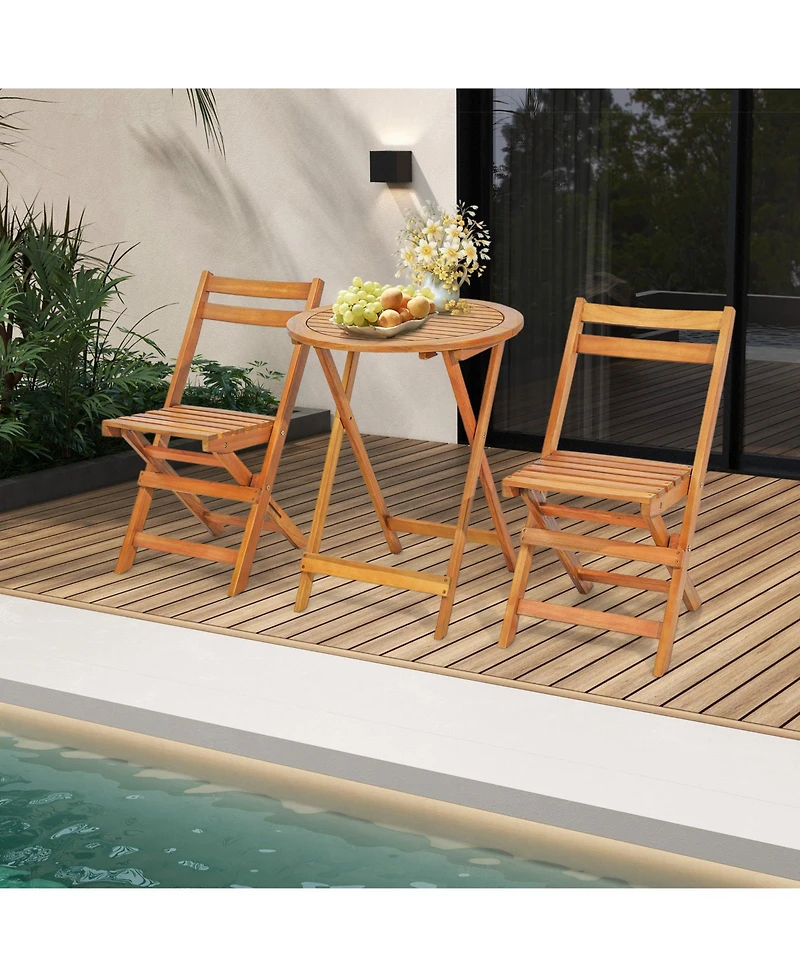 Gymax 3PCS Folding Bistro Set Solid Acacia Wood Table and Chairs Slatted Tabletop Patio