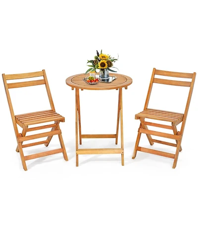 Gymax 3PCS Folding Bistro Set Solid Acacia Wood Table and Chairs Slatted Tabletop Patio