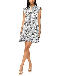 Msk Petite Flutter-Sleeve Tie-Neck Printed Dress