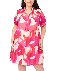 Msk Plus Puff-Sleeve Split Crewneck Babydoll Dress