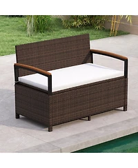 Gymax Outdoor Storage BenchCushion Backrest and Acacia Wood Armrests Hidden Storage