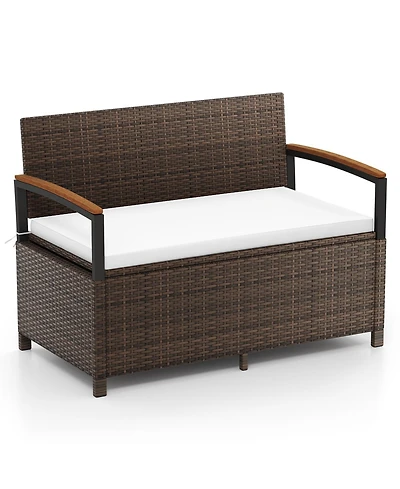 Gymax Outdoor Storage BenchCushion Backrest and Acacia Wood Armrests Hidden Storage