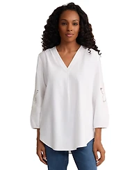 Jones New York Women's V-Neck Embroidered-Sleeve Linen-Blend Top