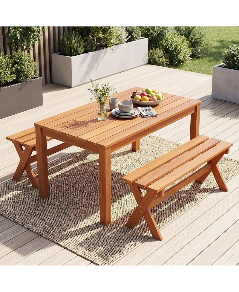 Gymax 36'' Outdoor Solid Wood Bench Set of 2 Teak Oil Finish and Slatted Seat for Porch