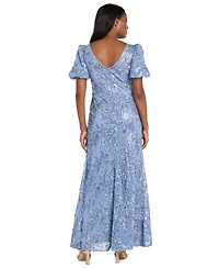 R & M Richards Women's Lace and Sequin Gown with Puff Sleeves Trumpet Skirt