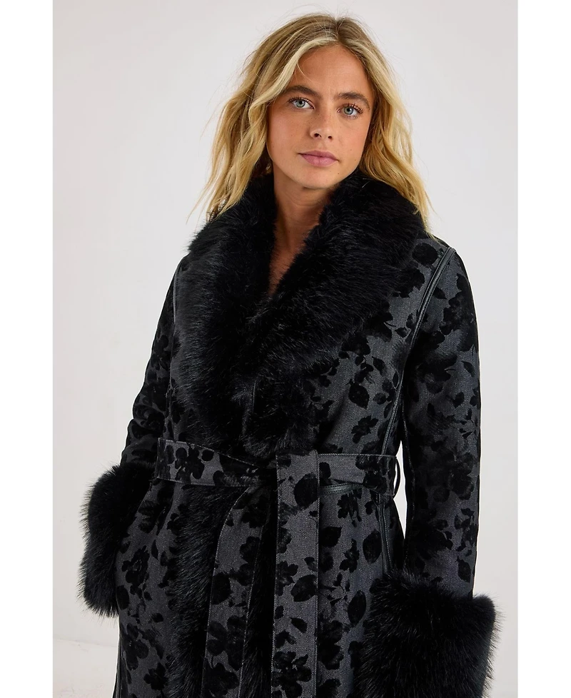 Nasty Gal Women's Faux Fur Floral Jacquard Coat
