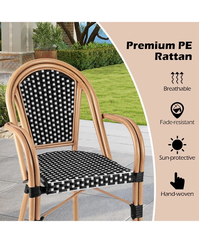 Gouun Set of 2 Hand-Woven Pe Wicker Outdoor French Bistro Chairs with Galvanized Steel Frame