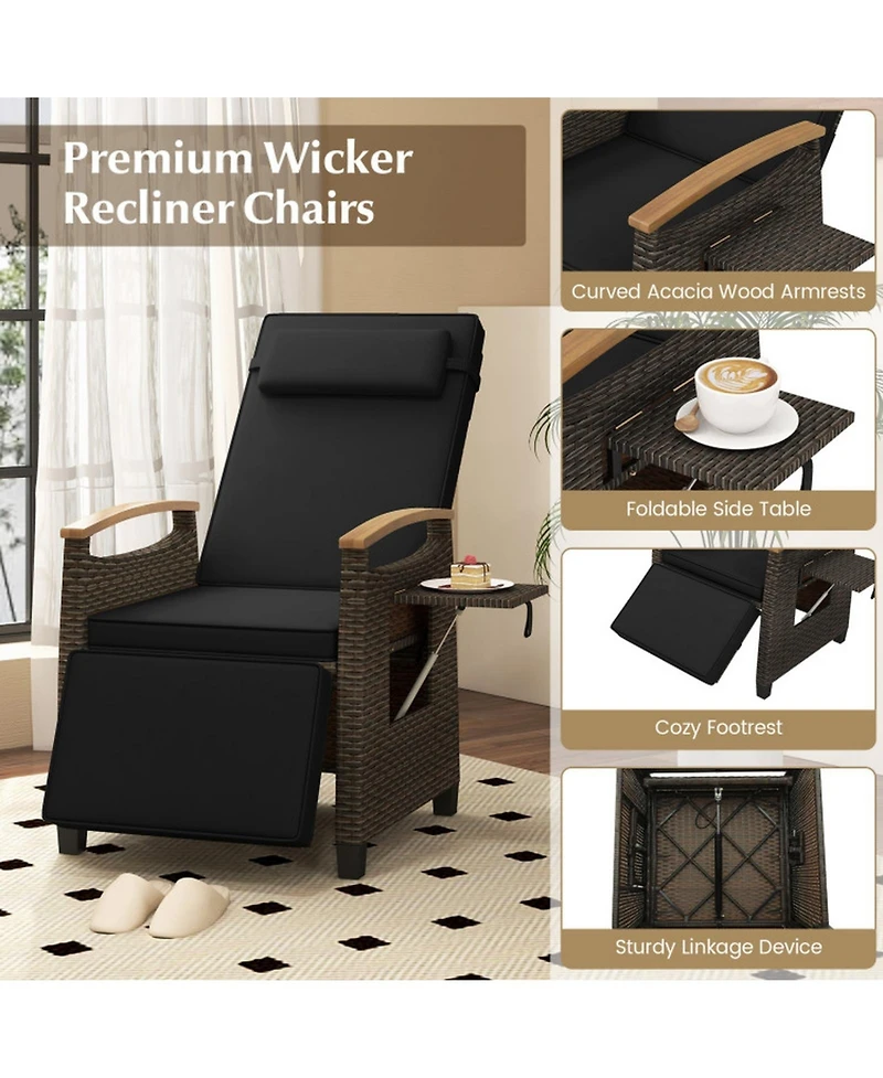 Gouun Outdoor Pe Wicker Patio Recliner Chair with Adjustable Backrest, Footrest and Side Table