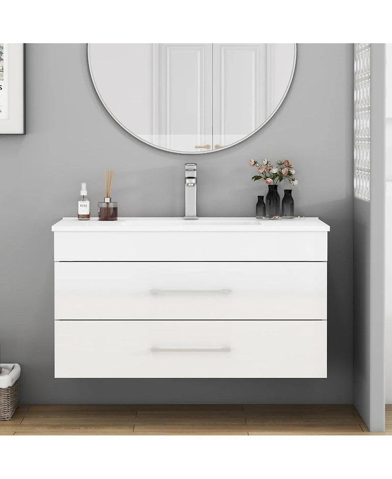Sillysis Glossy White Wall Mounted Bathroom Vanity with Sink , Soft Close Drawers