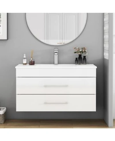 Sillysis Glossy White Wall Mounted Bathroom Vanity With Sink Soft Close Drawers Modern Floating Storage Cabinet