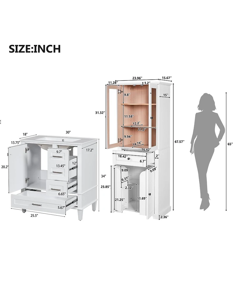 Sillysis 30 Inch Bathroom Vanity Set with Tall Storage Cabinet, Ceramic Sink, Soft Close Drawers for Modern