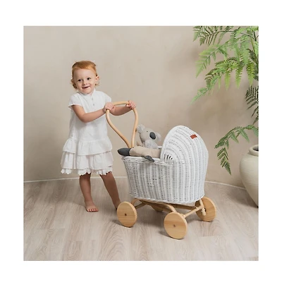Momiji Colette Handcrafted Rattan Doll Stroller with Wooden Wheels and Toy Mattress - Wicker