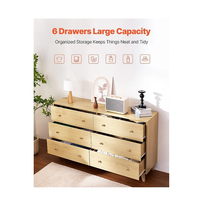 Sugift 6 Drawer Dresser Wooden Chest of Drawers with Sliding Anti-tip Device Modern