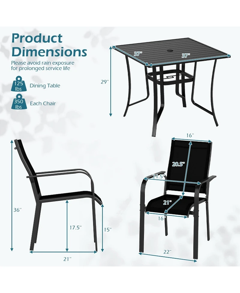 Sugift 5 Piece Patio Dining Set for 4 with Square Table and Stackable Chairs