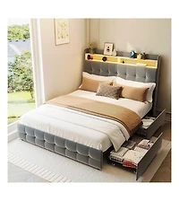 gaomon Bed Frame with Headboard and 2 Storage Drawers, Upholstered Bed Frame with Led Light, Modern Soft Bed with Charging Socket and Usb