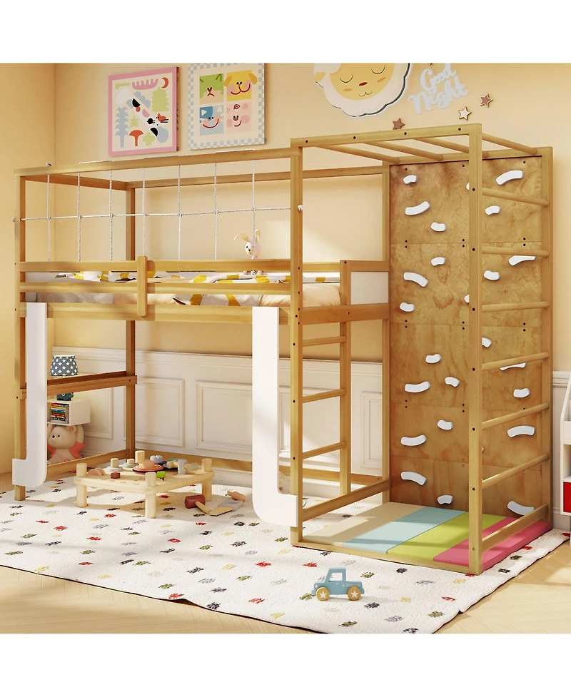 Slickblue Wooden Loft Bed with Climbing Ladder Jungle Gym Design