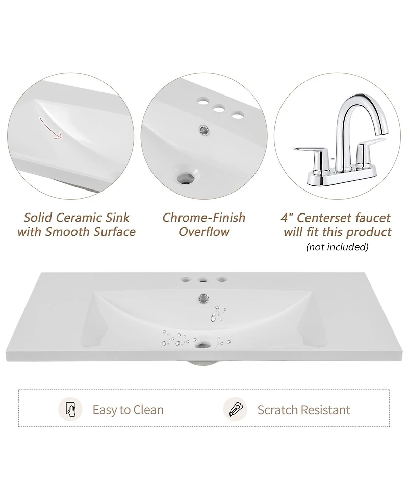 Sillysis Rectangular Ceramic Vanity Top with Sink, 3 Faucet Holes, Easy Maintenance, Inches Bathroom Countertop