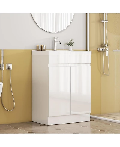 Sillysis 24 Inch Freestanding Bathroom Vanity with Ceramic Sink, Soft Close Doors, Modern Glossy White Srorage Cabinet