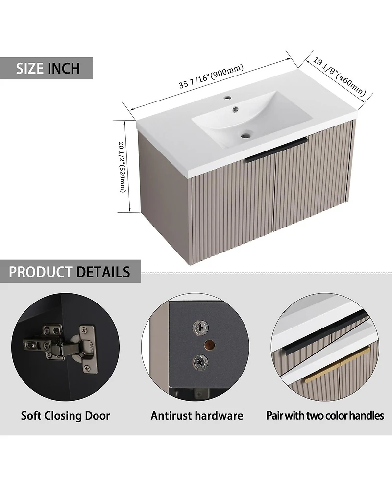 Sillysis 35.4 Inch Floating Bathroom Vanity with Resin Sink, Soft Close Doors, Modern Textured Panels and Ample Storage
