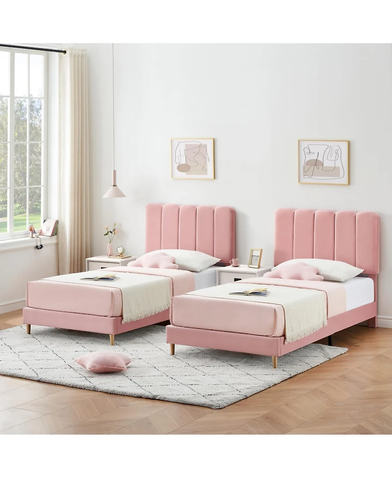 Homfan Modern Princess Style Twin Platform Bed Frame for Girls, Upholstered Soft Headboard, Sturdy Wooden Slats, No Box Spring Needed, Easy Assembly