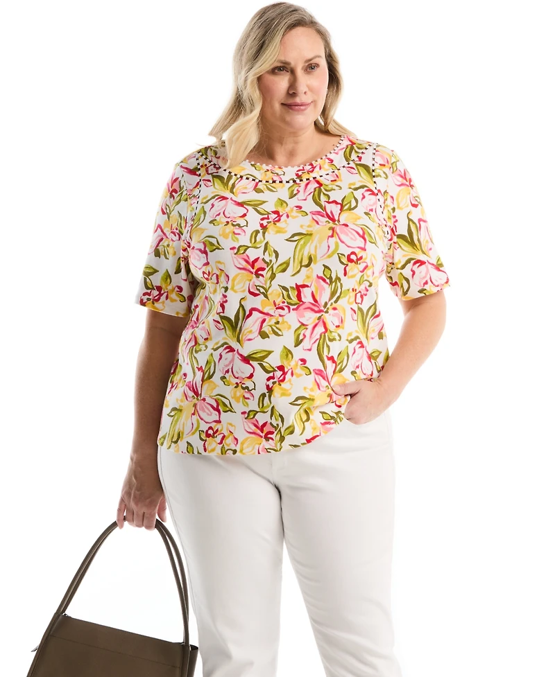 Rafaella Plus Petal Print Pom Trim Detail Short-Sleeve Top