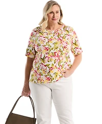 Rafaella Plus Petal Print Pom Trim Detail Short-Sleeve Top