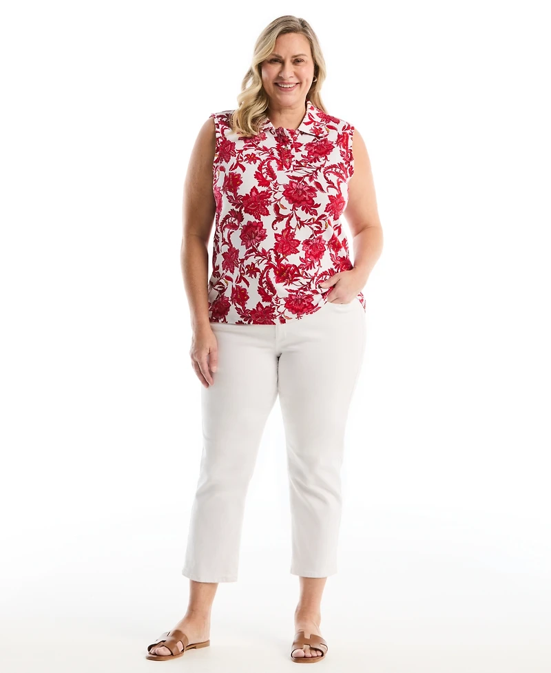 Rafaella Plus Botanical Print Ruffle Trim Sleeveless Polo Shirt