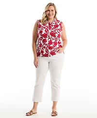Rafaella Plus Botanical Print Ruffle Trim Sleeveless Polo Shirt