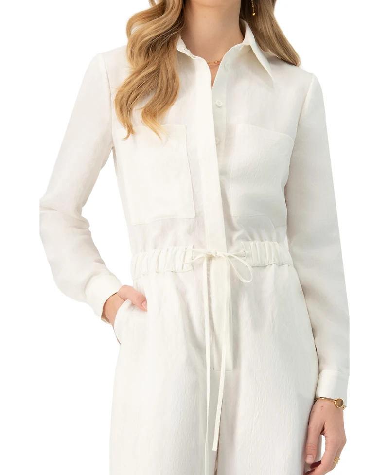 Ivonne Women's Linene Long Sleeve Collared Jumpsuit