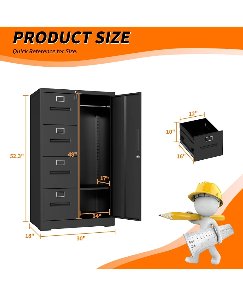 Rainsken Vertical File Cabinet with Lock, 2-in-1 Storage for Files and Clothes, Steel 4 Drawers 1 door Home Office
