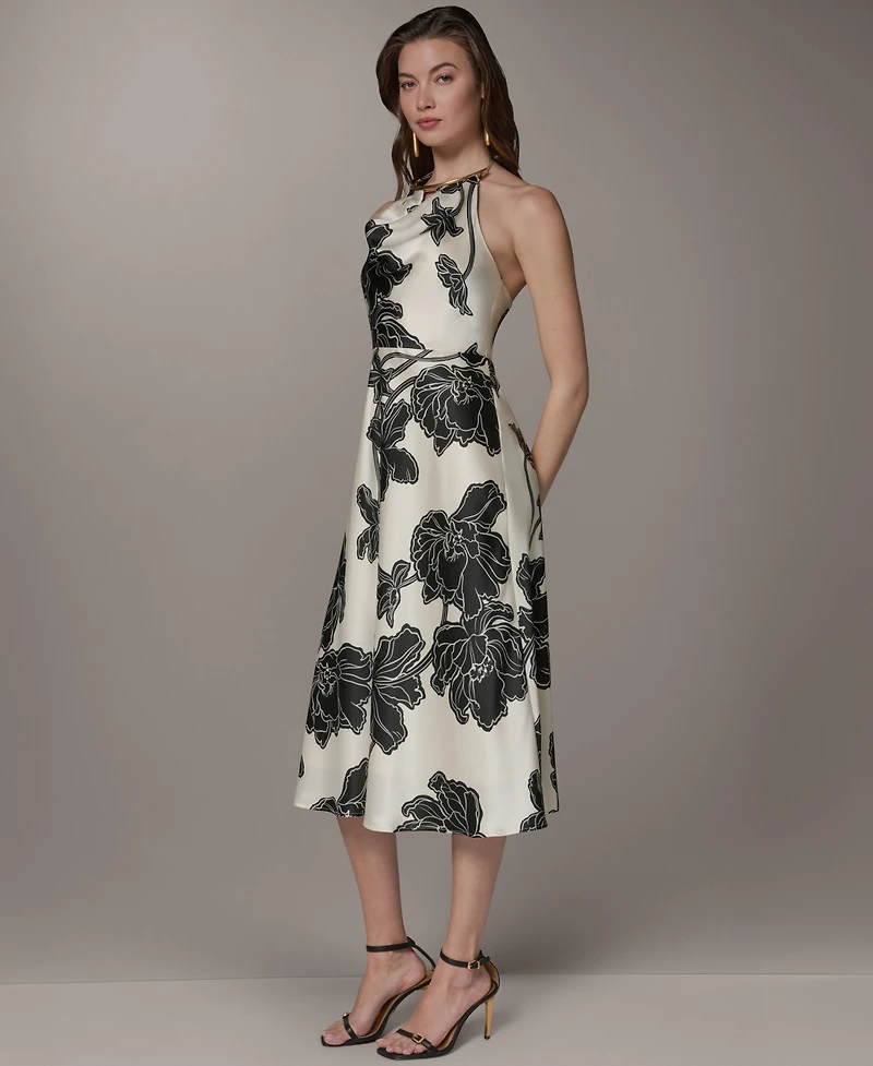 Donna Karan New York Women's Cowl Neck Halter Floral A-Line Sleeveless Midi Dress