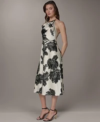 Donna Karan New York Women's Cowl Neck Halter Floral A-Line Sleeveless Midi Dress