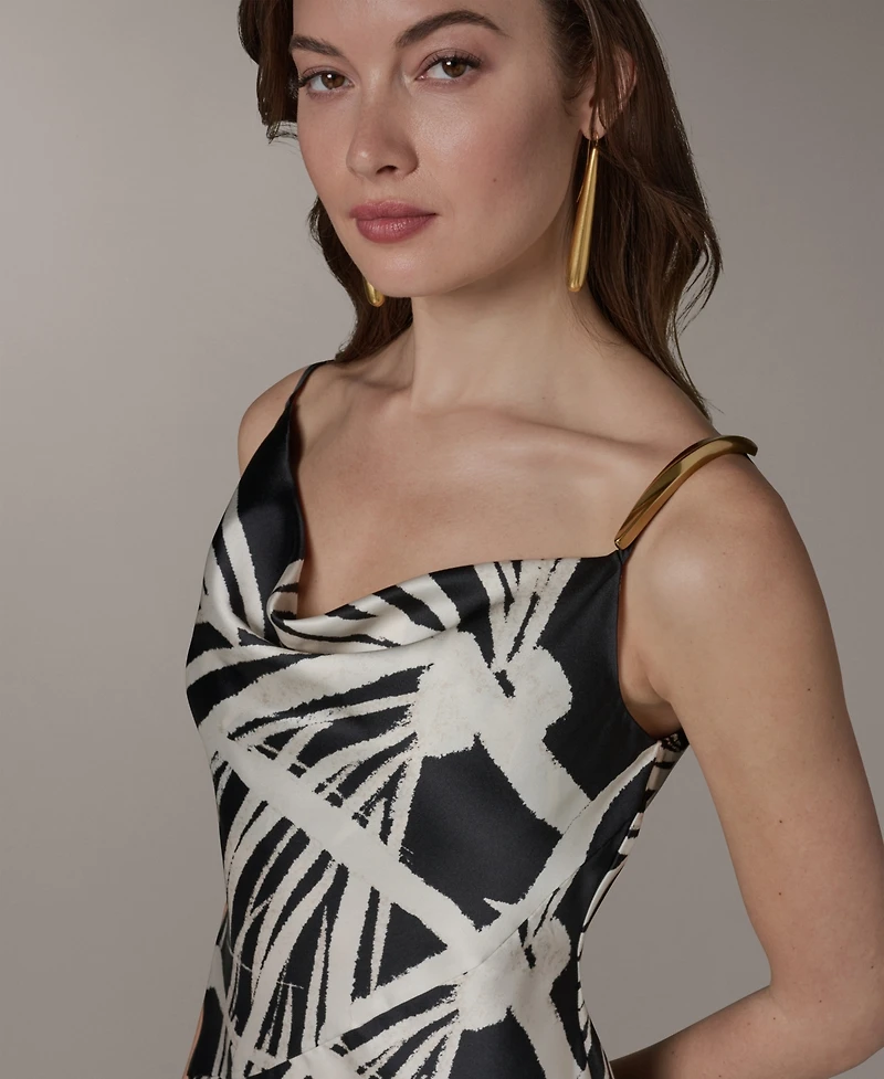 Donna Karan New York Women's Cowl Neck High-Low Sleeveless Printed A-Line Dress