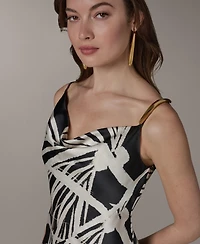 Donna Karan New York Women's Cowl Neck High-Low Sleeveless Printed A-Line Dress