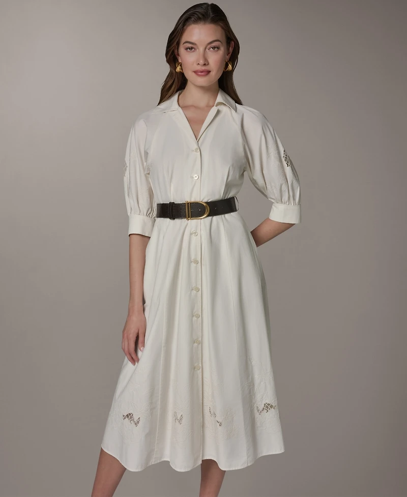 Donna Karan New York Women's Collared Shirt Midi Dress with Pu Belt