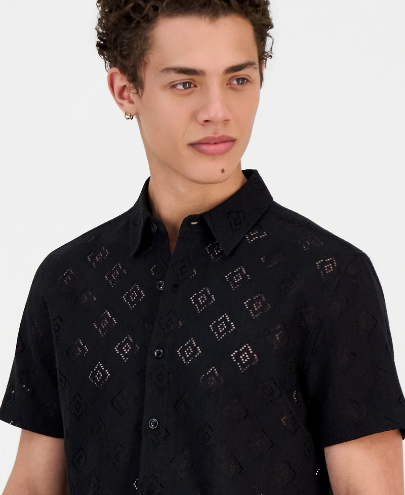 Guess Men's Geo Linework Jacquard Short-Sleeve Shirt