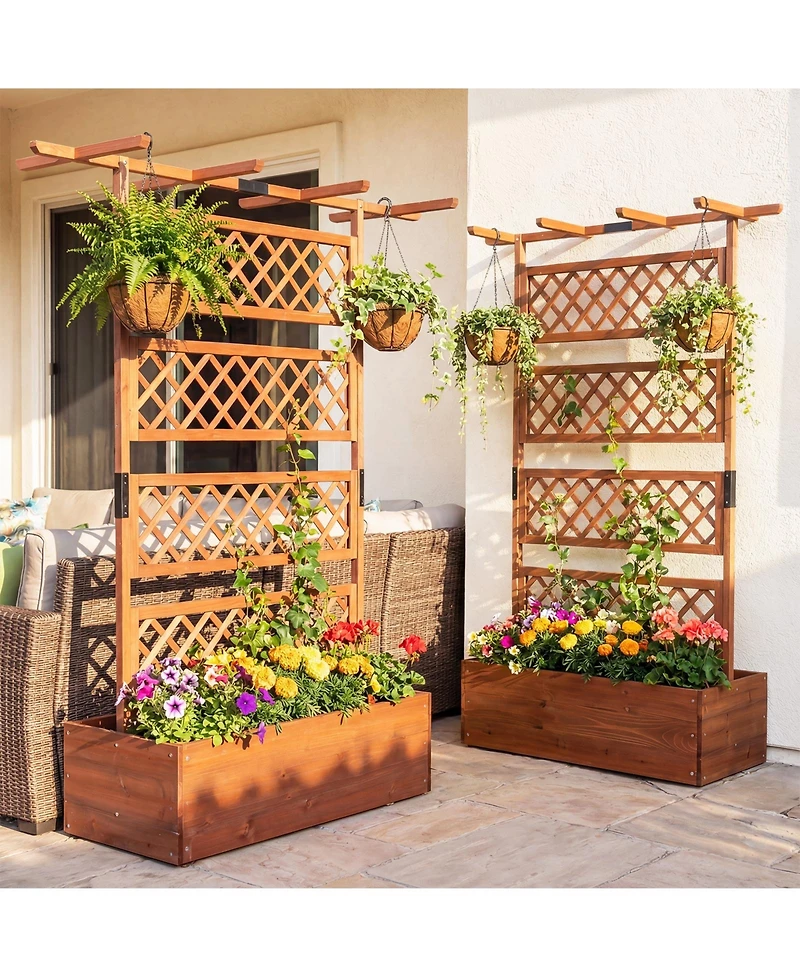 Gymax Wooden Planter Box w/Lattice Trellis Flat Roof Drainage for Climbing Plant