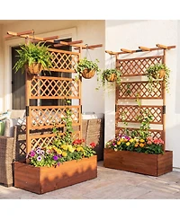 Gymax Wooden Planter Box w/Lattice Trellis Flat Roof Drainage for Climbing Plant