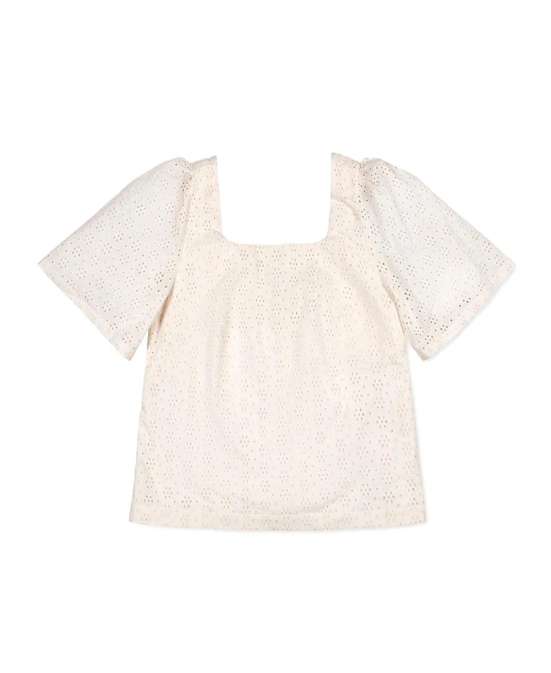 Hope & Henry Women's and Organic Flounce Sleeve Eyelet Top