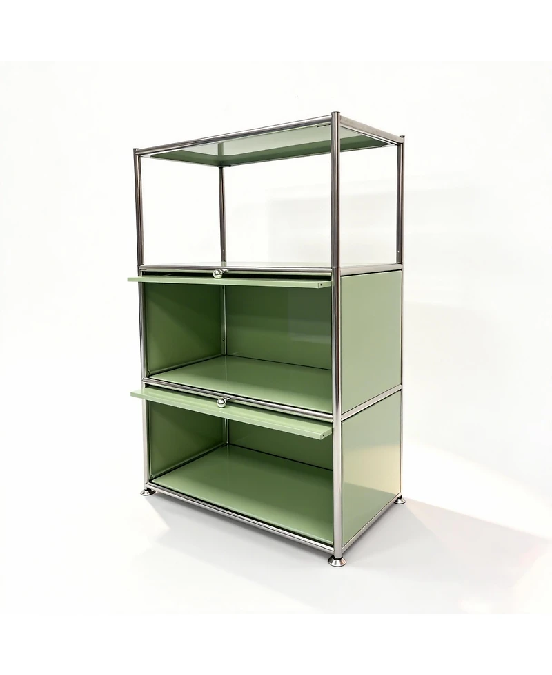 3 Tier Modular Metal Sideboard Storage Cabinet, Modern Grid-Style, for Dining Room, Living Room or Office, Green