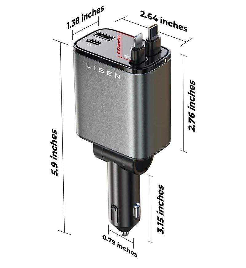 Lisen Retractable Car Charger 69W, 4-Port Fast Charging Car Adapter with Usb-c and Usb-a, Multi Device Car Charger for iPhone, Samsung, Tablets