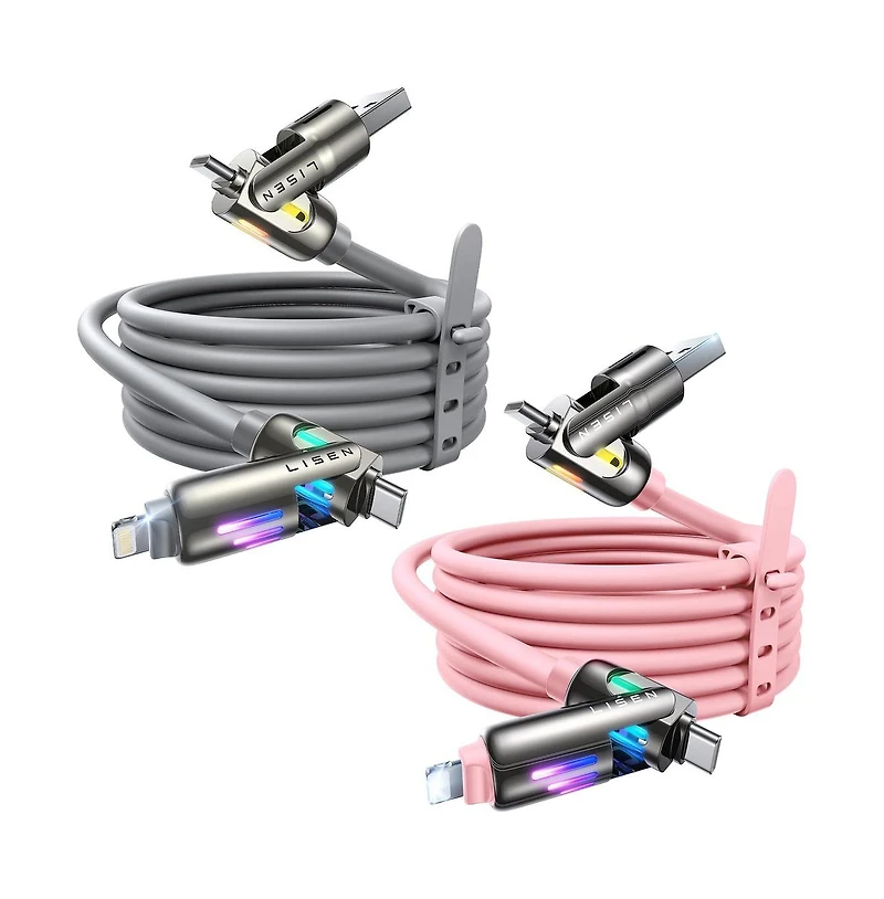 Lisen 2-Pack 240W 4-in-1 Charging Cable, Usb-c and Lightning Multi Charger Cable for All Devices, Fast Charging Cord for Travel