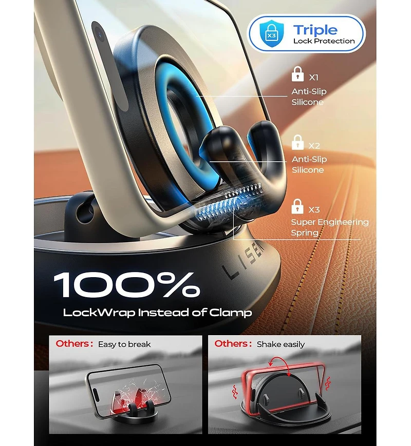 Lisen Dashboard Car Phone Mount with 360degree(s) Rotation and Adjustable Angle, Non-Slip Silicone Base, Universal Holder for iPhone and Android