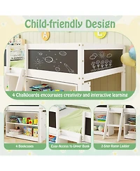 Gouun Twin Size Kids Low Loft Bed with Chalkboard, Ramp Ladder and Bookcases
